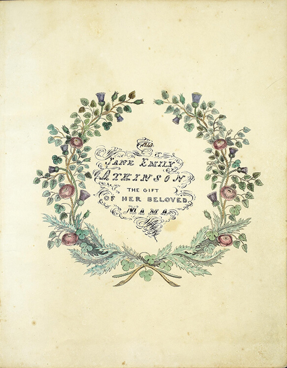 The dedication page from Charlotte Waring sketchbook for her daughter, Jane Emily Atkinson